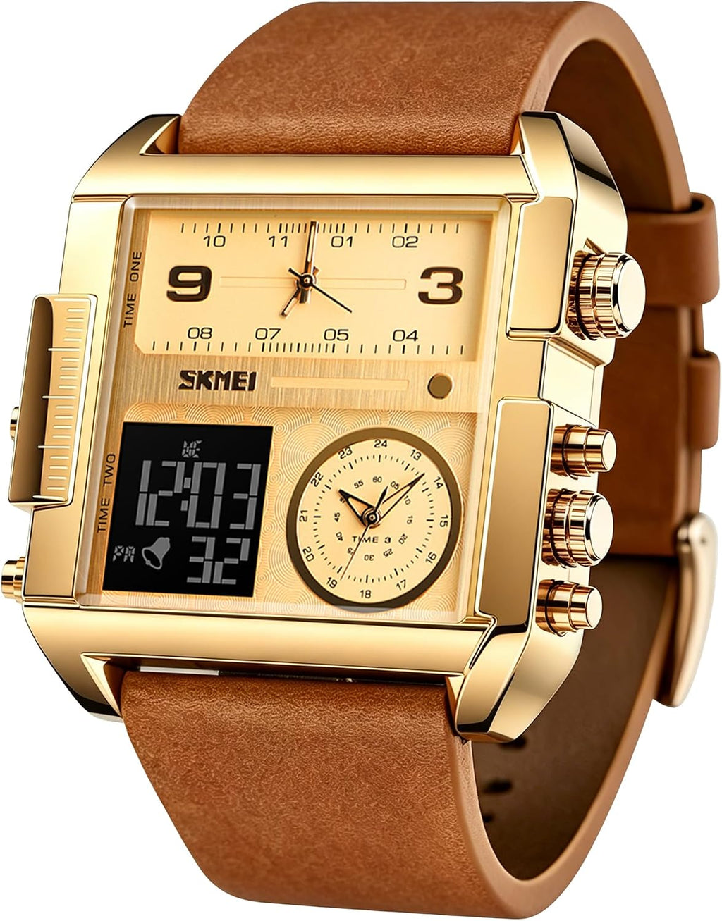 SKMEI Men's Digital Sports Watch, LED Square Large Face Analog Quartz Wrist Watch with Multi-Time Zone Waterproof Stopwatch