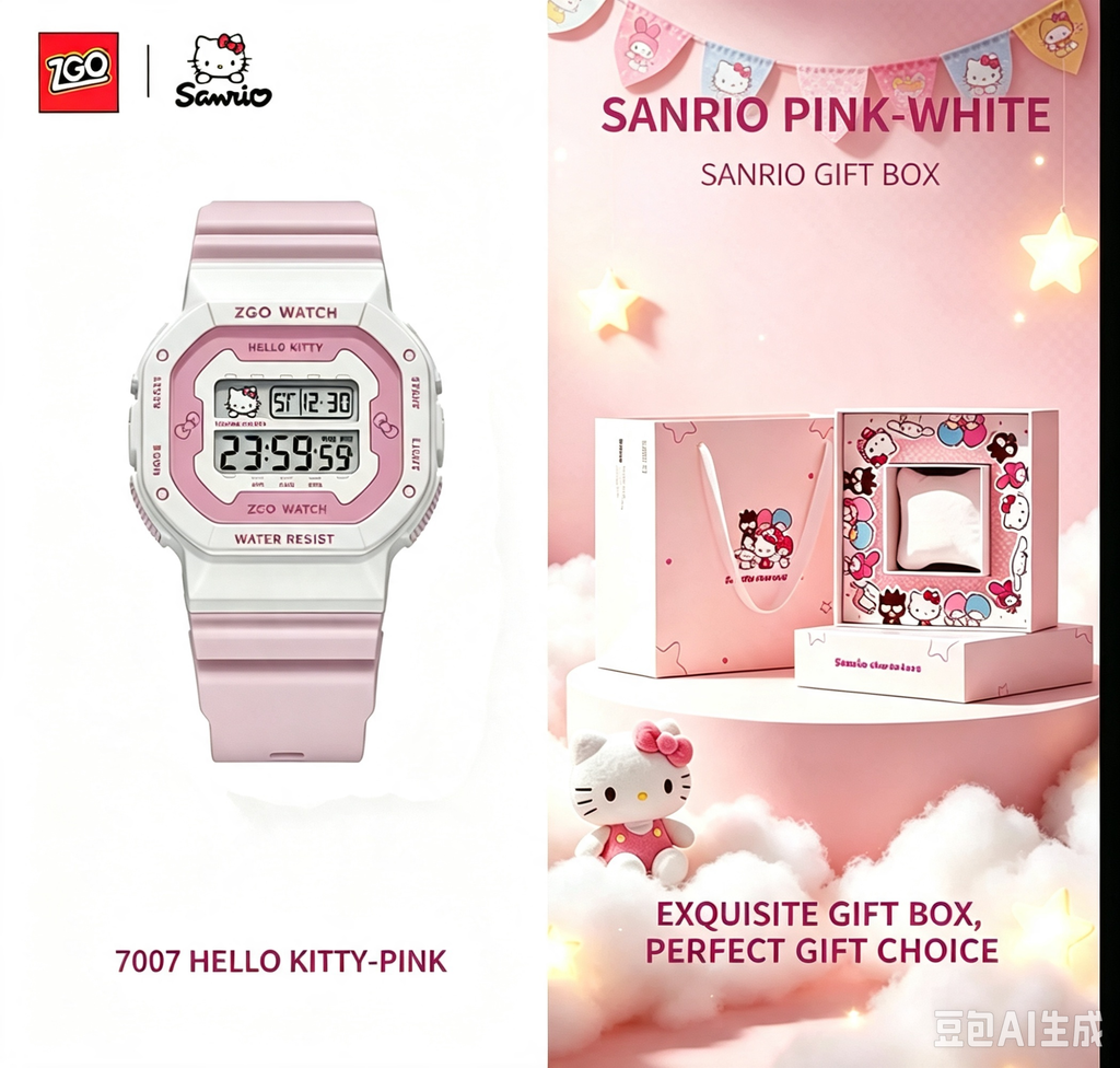 ZGO x Sanrio Hello Kitty Digital Sports Watch, 50M Waterproof LED Backlight Alarm Stopwatch Wrist Watch, Girls Student Watch With Sanrio Gift Box