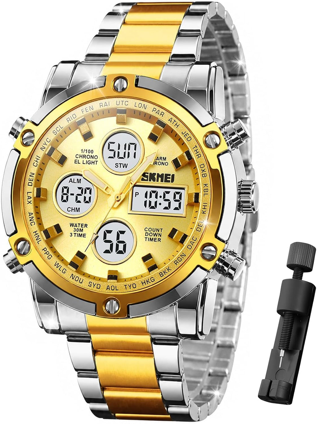 SKMEI Mens Wrist Watch, Waterproof Military Analog Digital Watches with LED Multi Time Chronograph, Stainless Steel Business Watches for Men