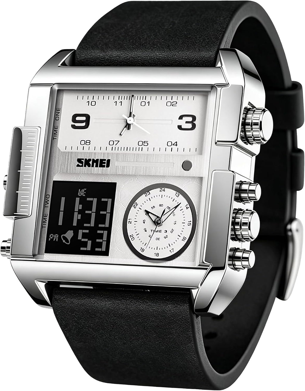 SKMEI Men's Digital Sports Watch, LED Square Large Face Analog Quartz Wrist Watch with Multi-Time Zone Waterproof Stopwatch
