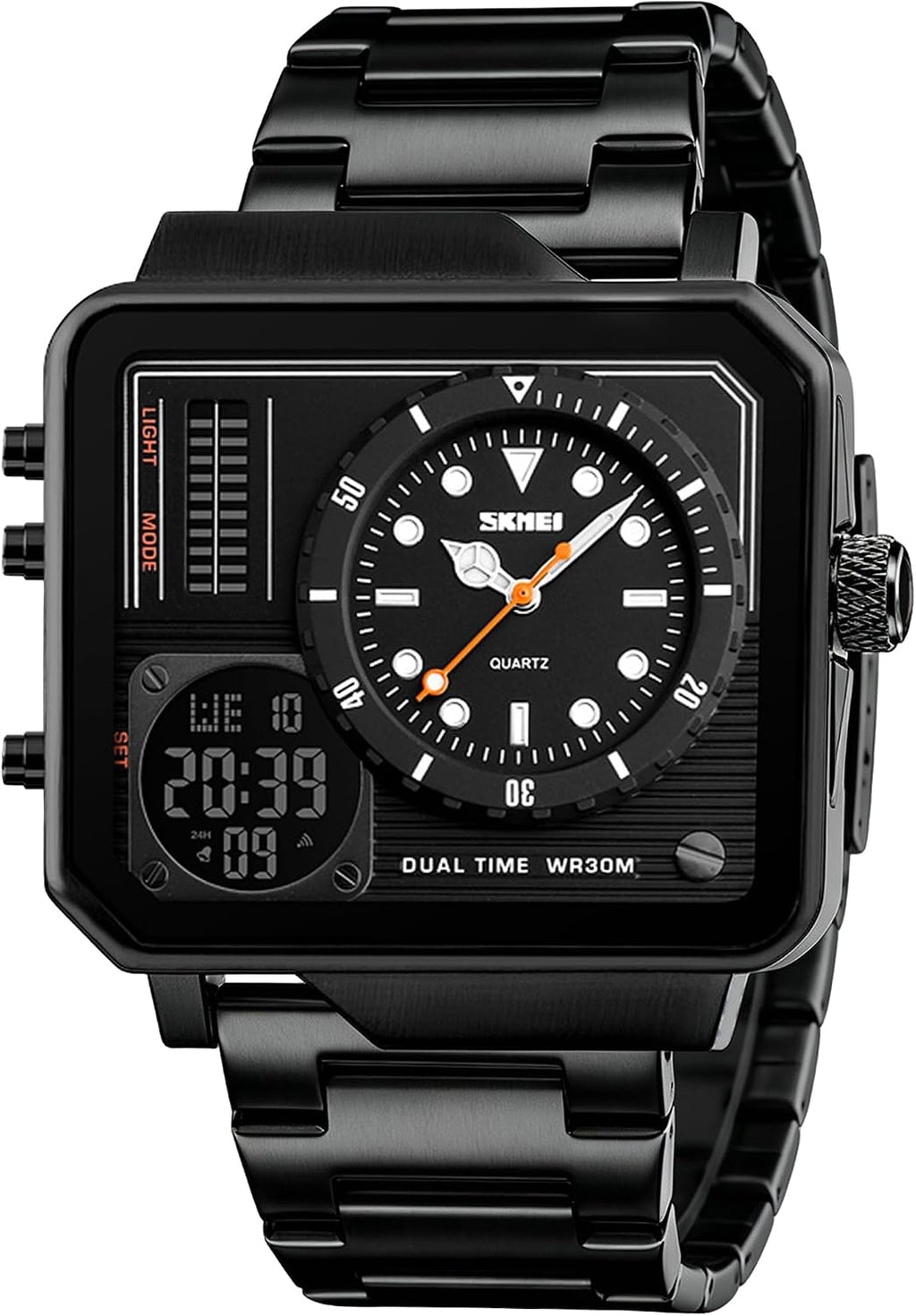 SKMEI Men's Digital Sports Watch, LED Square Large Face Analog Quartz Wrist Watch with Multi-Time Zone Waterproof Stopwatch