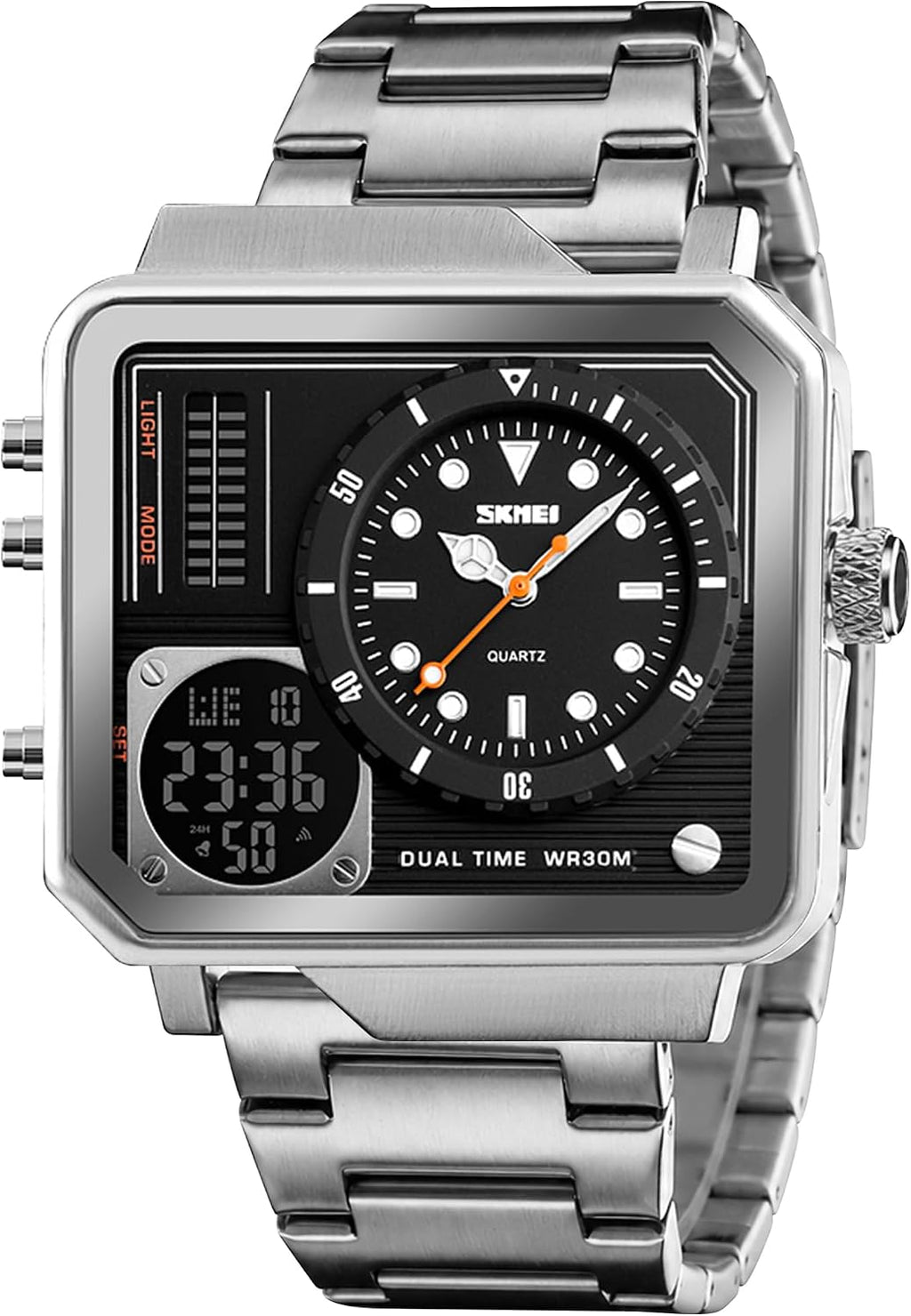 SKMEI Men's Digital Sports Watch, LED Square Large Face Analog Quartz Wrist Watch with Multi-Time Zone Waterproof Stopwatch