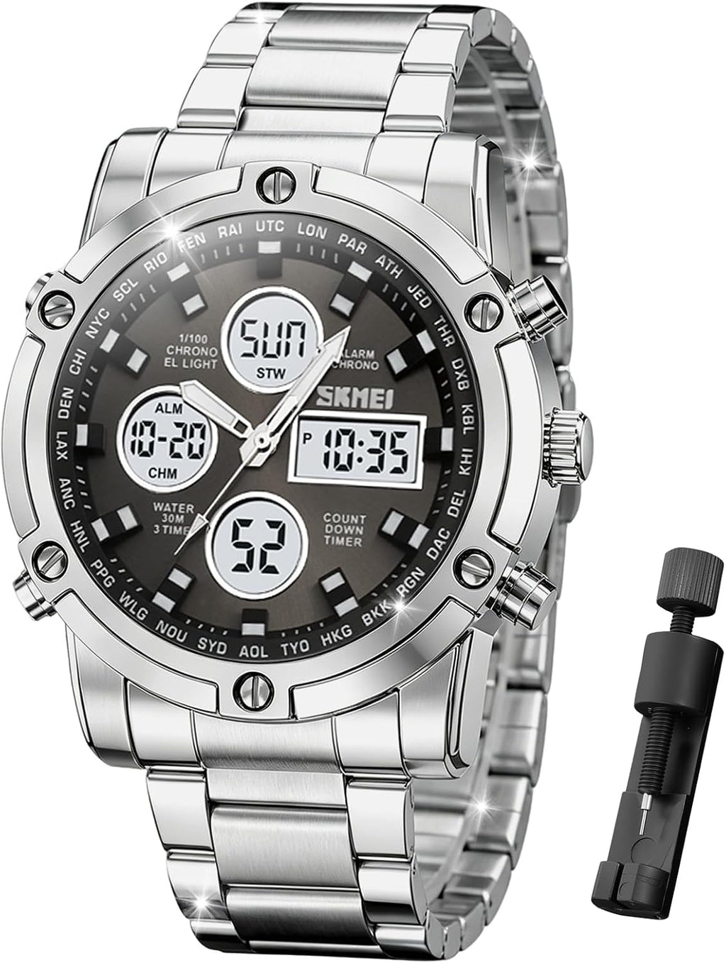 SKMEI Mens Wrist Watch, Waterproof Military Analog Digital Watches with LED Multi Time Chronograph, Stainless Steel Business Watches for Men