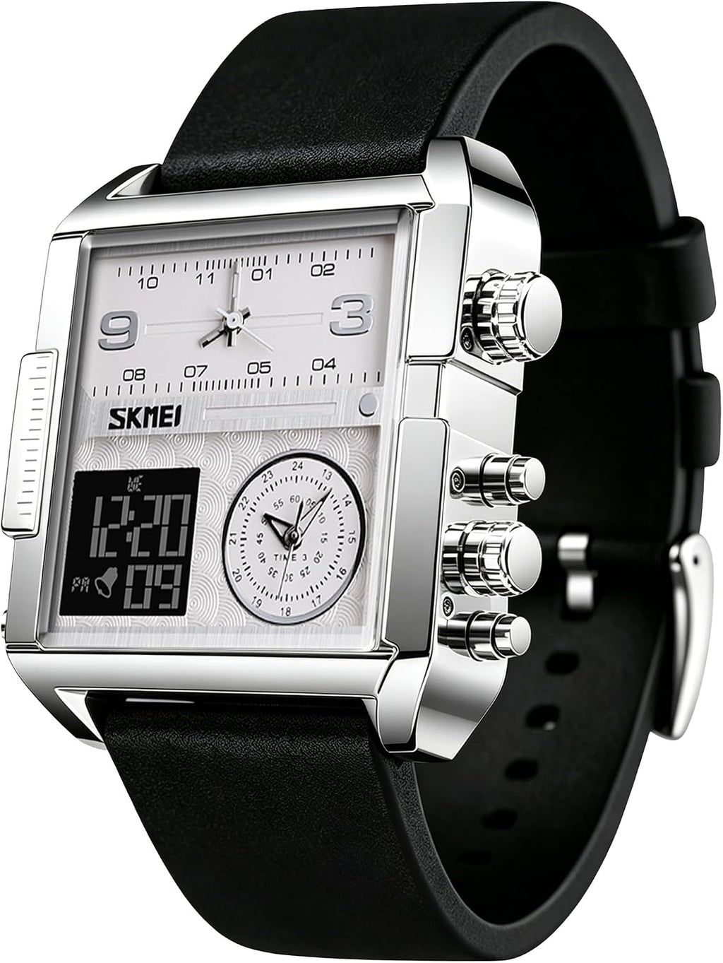SKMEI Men's Digital Sports Watch, LED Square Large Face Analog Quartz Wrist Watch with Multi-Time Zone Waterproof Stopwatch